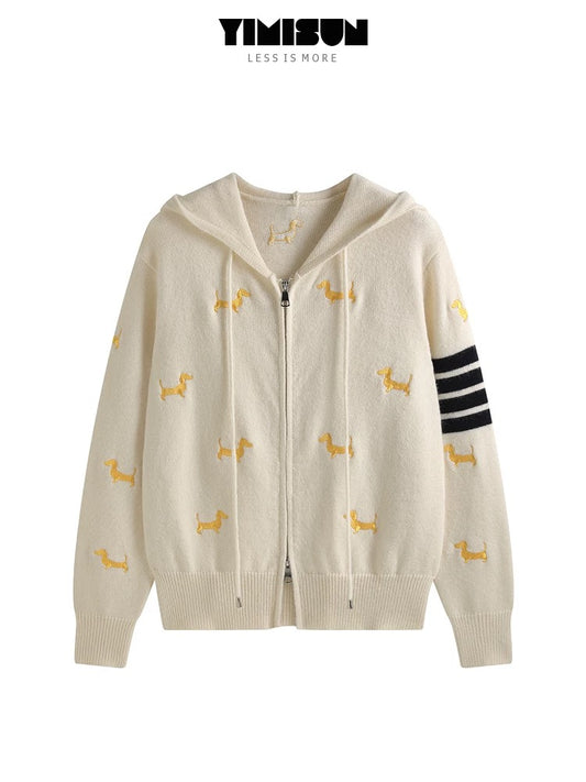 YIMISUN heavy design full body puppy embroidery zipper hooded knitted cardigan women's top loose coat