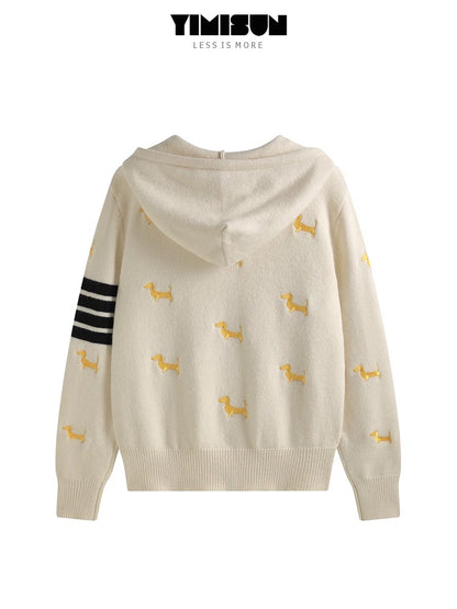 YIMISUN heavy design full body puppy embroidery zipper hooded knitted cardigan women's top loose coat