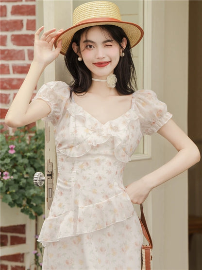 Tea break French niche design floral dress with irregular ruffles, super fairy and sweet fugitive princess dress