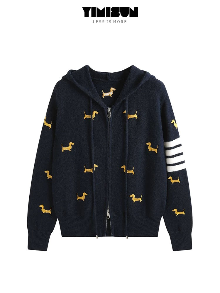 YIMISUN heavy design full body puppy embroidery zipper hooded knitted cardigan women's top loose coat