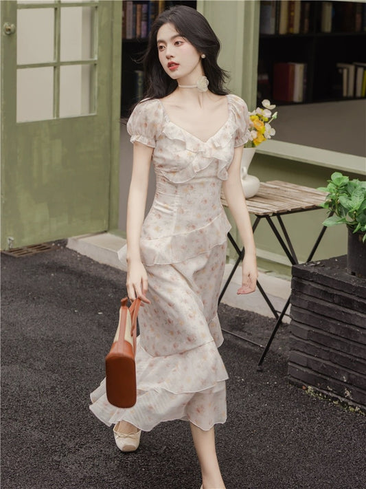 Tea break French niche design floral dress with irregular ruffles, super fairy and sweet fugitive princess dress