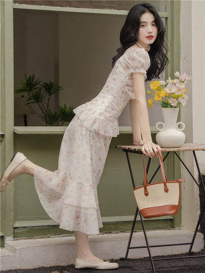 Tea break French niche design floral dress with irregular ruffles, super fairy and sweet fugitive princess dress
