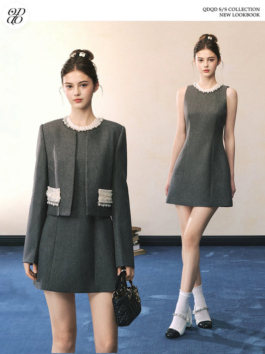QDQD Rich Heiress Style Sleeveless Dress, Miu Elegant A-line Skirt, -inspired Blazer Two-Piece Set