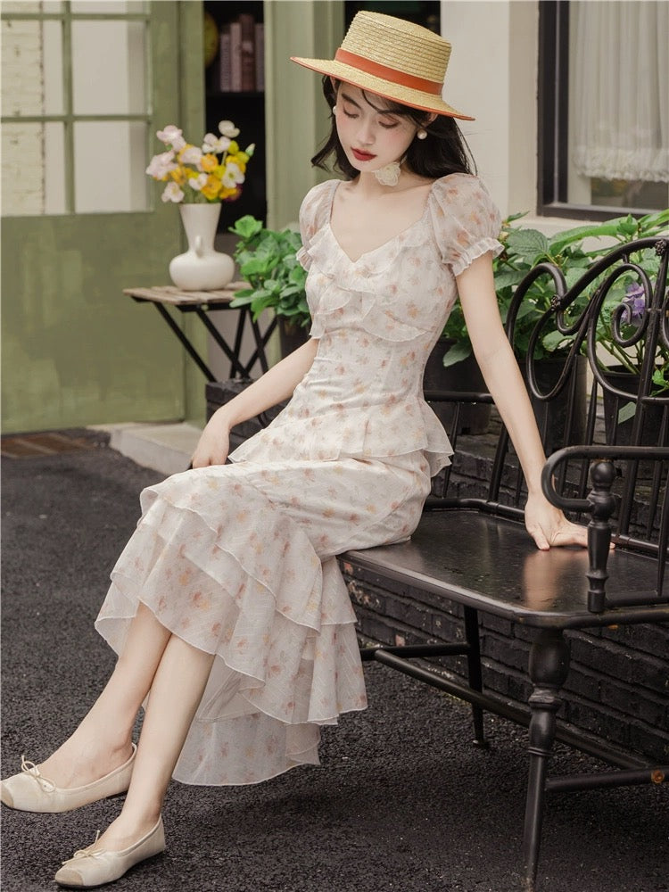 Tea break French niche design floral dress with irregular ruffles, super fairy and sweet fugitive princess dress