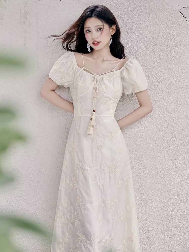 French square neck dress for women summer 2024 new style gentle style high-end super fairy first love platycodon skirt