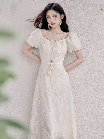 French square neck dress for women summer 2024 new style gentle style high-end super fairy first love platycodon skirt