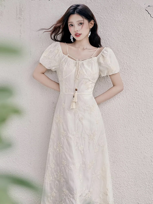 French square neck dress for women summer 2024 new style gentle style high-end super fairy first love platycodon skirt
