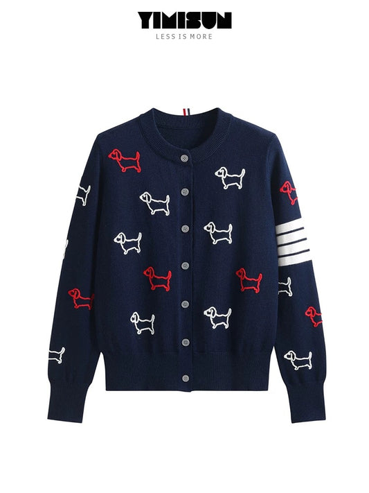 YIMISUN colorful puppy embroidery four-bar striped knitted cardigan women's loose fashion temperament coat