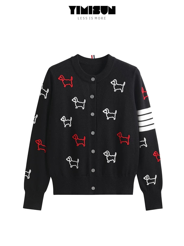 YIMISUN colorful puppy embroidery four-bar striped knitted cardigan women's loose fashion temperament coat