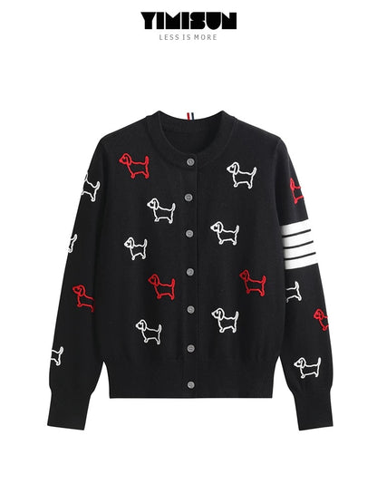 YIMISUN colorful puppy embroidery four-bar striped knitted cardigan women's loose fashion temperament coat