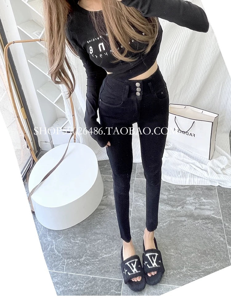 Great! High-waisted three-breasted nine-point jeans for women, spring and summer thin, slim, light blue and white high-waisted petite pants