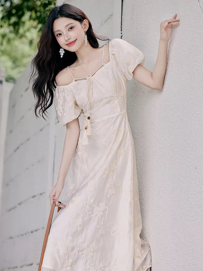 French square neck dress for women summer 2024 new style gentle style high-end super fairy first love platycodon skirt