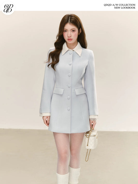 QDQD Elegant Blue Dress Coat, New Autumn/Winter Style, Patchwork Lapel Mid-Length Coat for Women