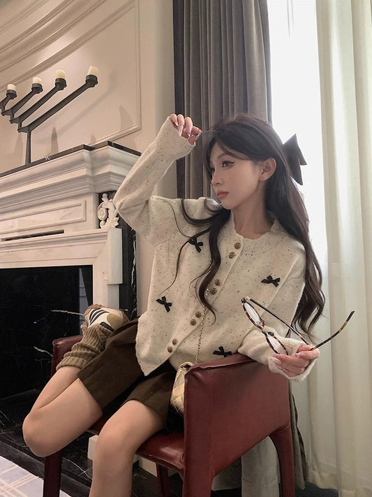 Gentle style sweet bow single-breasted long-sleeved sweater knitted cardigan for women autumn high-end temperament slim fit top