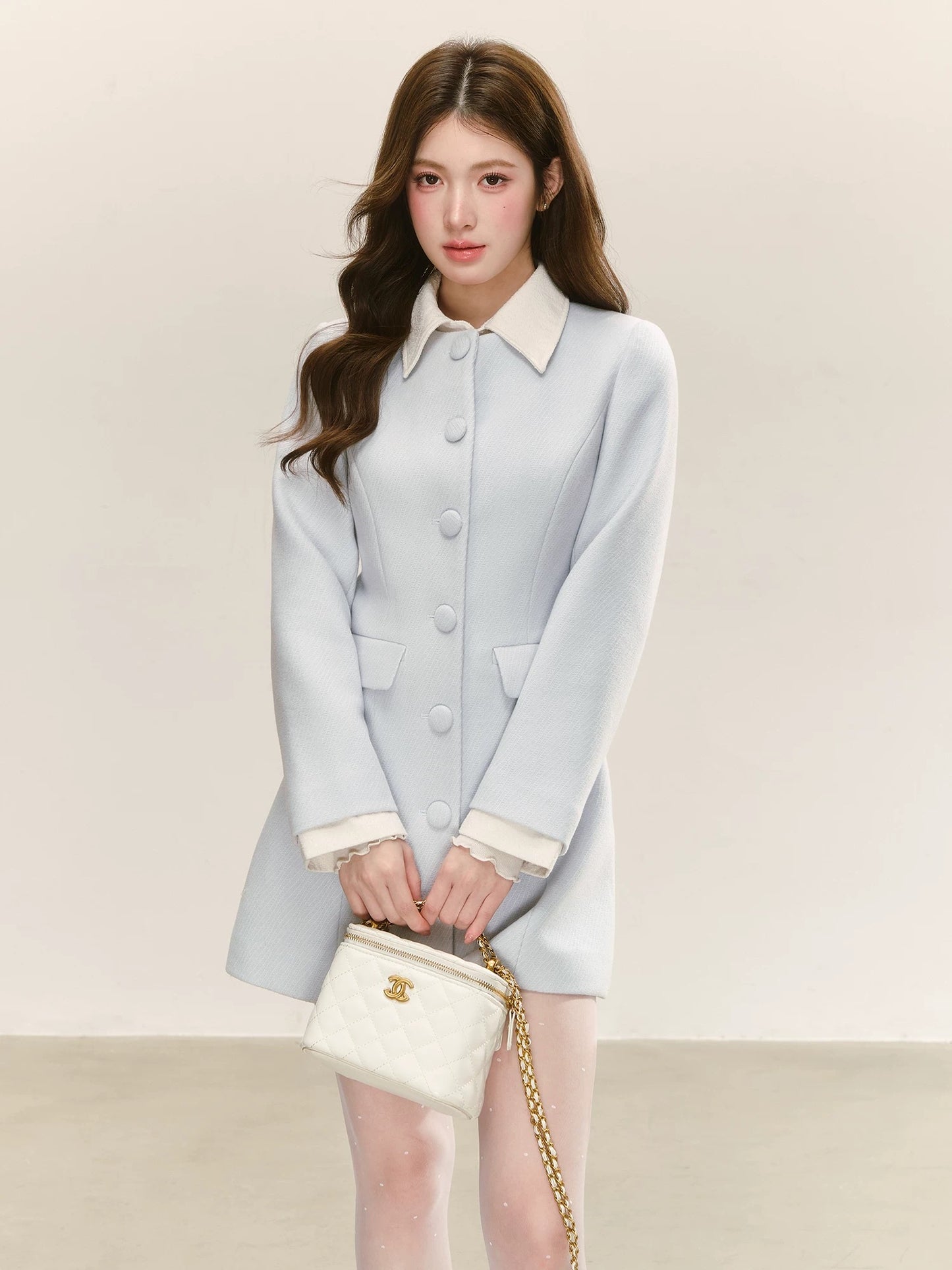 QDQD Elegant Blue Dress Coat, New Autumn/Winter Style, Patchwork Lapel Mid-Length Coat for Women