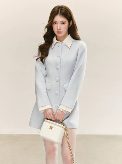 QDQD Elegant Blue Dress Coat, New Autumn/Winter Style, Patchwork Lapel Mid-Length Coat for Women