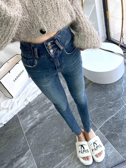 Great! High-waisted three-breasted nine-point jeans for women, spring and summer thin, slim, light blue and white high-waisted petite pants