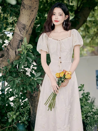 French square neck dress for women summer 2024 new style gentle style high-end super fairy first love platycodon skirt