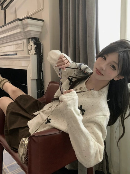 Gentle style sweet bow single-breasted long-sleeved sweater knitted cardigan for women autumn high-end temperament slim fit top