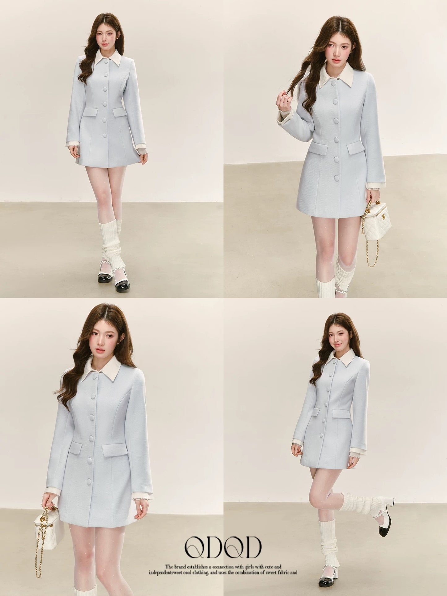 QDQD Elegant Blue Dress Coat, New Autumn/Winter Style, Patchwork Lapel Mid-Length Coat for Women