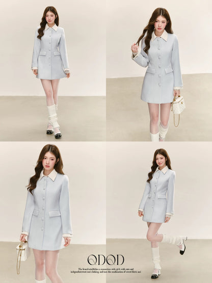 QDQD Elegant Blue Dress Coat, New Autumn/Winter Style, Patchwork Lapel Mid-Length Coat for Women