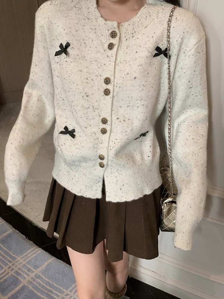 Gentle style sweet bow single-breasted long-sleeved sweater knitted cardigan for women autumn high-end temperament slim fit top