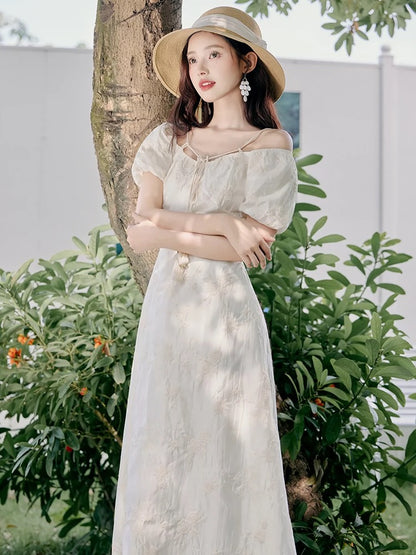 French square neck dress for women summer 2024 new style gentle style high-end super fairy first love platycodon skirt
