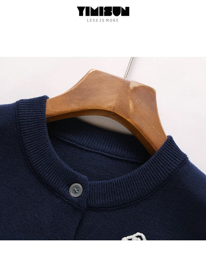 YIMISUN colorful puppy embroidery four-bar striped knitted cardigan women's loose fashion temperament coat
