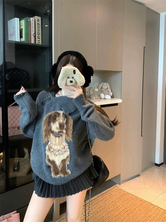 Design sense puppy print button long sleeve sweater 2025 autumn new lazy loose knitted top female chic