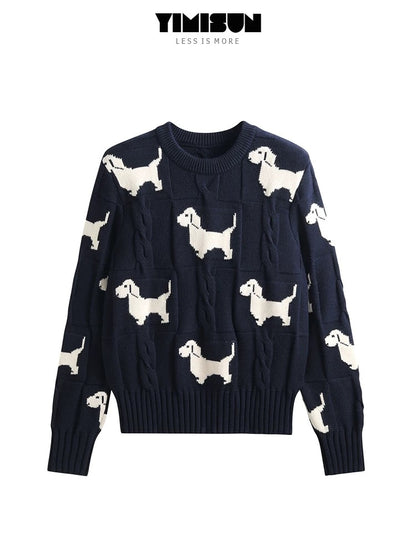 YIMISUN lazy style round neck dog jacquard twisted bottoming sweater short pullover women's top bottoming shirt