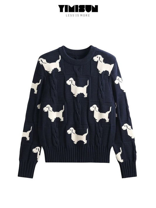 YIMISUN lazy style round neck dog jacquard twisted bottoming sweater short pullover women's top bottoming shirt