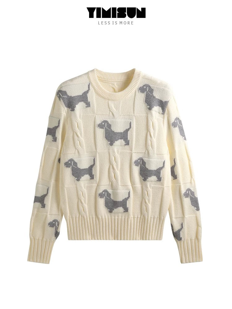 YIMISUN lazy style round neck dog jacquard twisted bottoming sweater short pullover women's top bottoming shirt