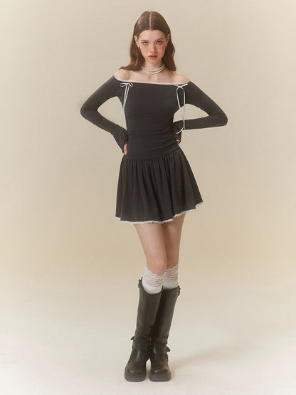 Mess Studio American hot girl design one-shoulder lace dress U-shaped waist versatile slimming skirt