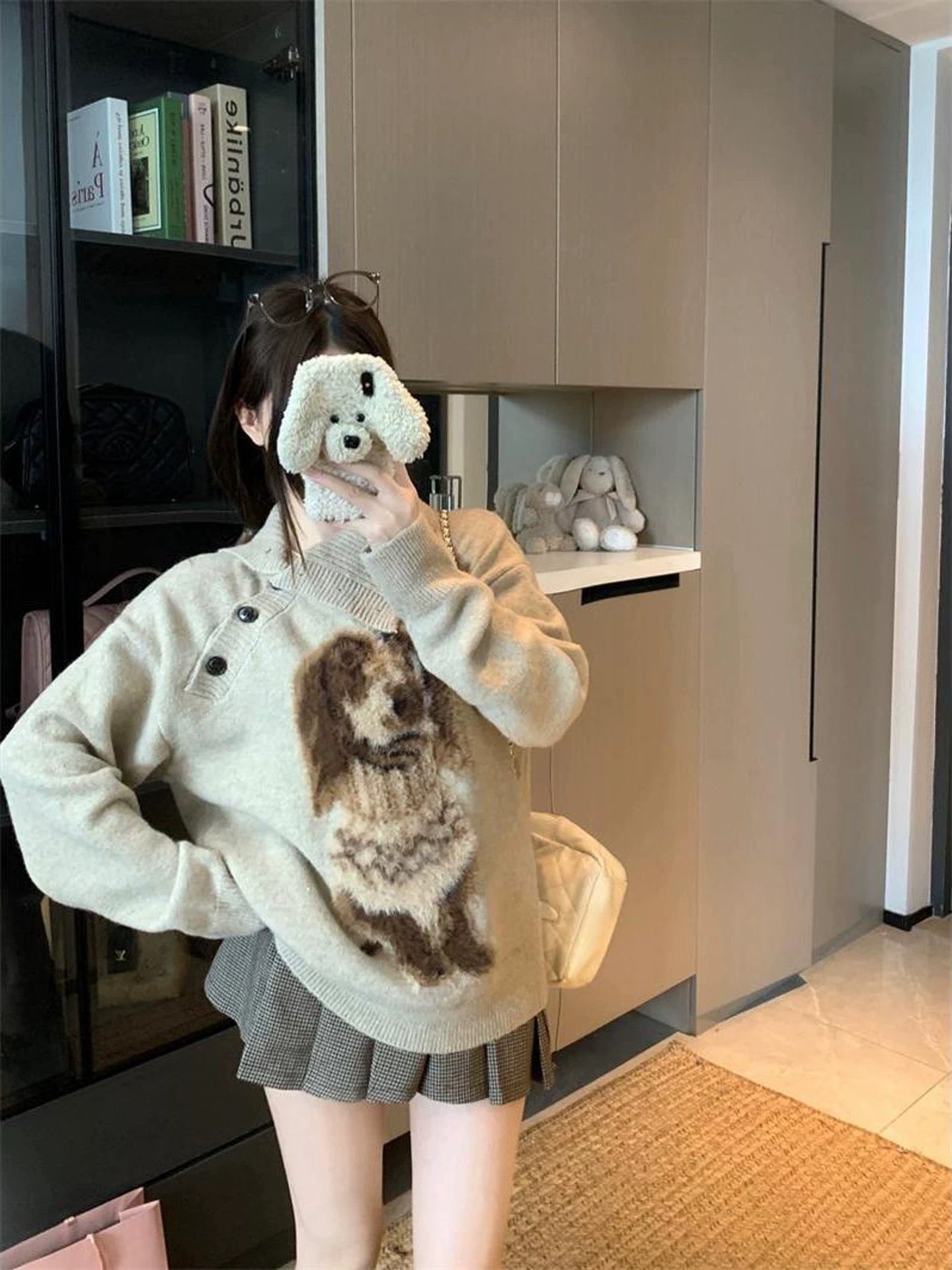 Design sense puppy print button long sleeve sweater 2025 autumn new lazy loose knitted top female chic