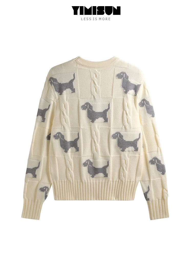 YIMISUN lazy style round neck dog jacquard twisted bottoming sweater short pullover women's top bottoming shirt