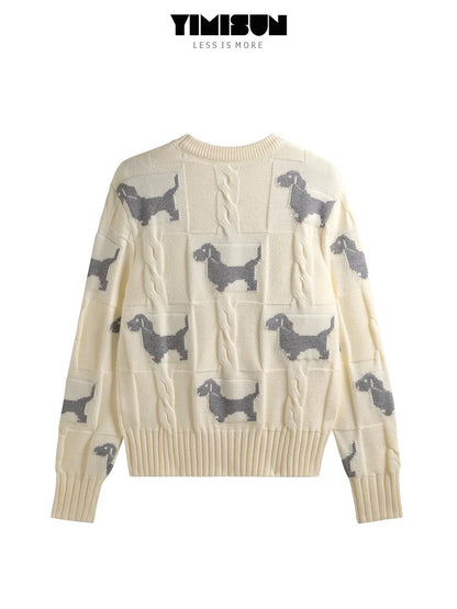 YIMISUN lazy style round neck dog jacquard twisted bottoming sweater short pullover women's top bottoming shirt