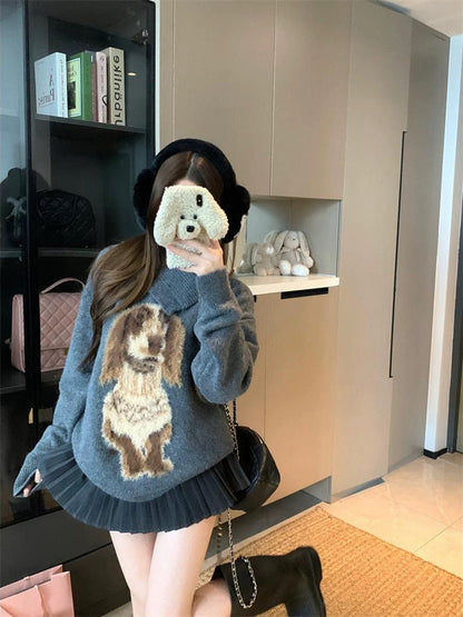 Design sense puppy print button long sleeve sweater 2025 autumn new lazy loose knitted top female chic