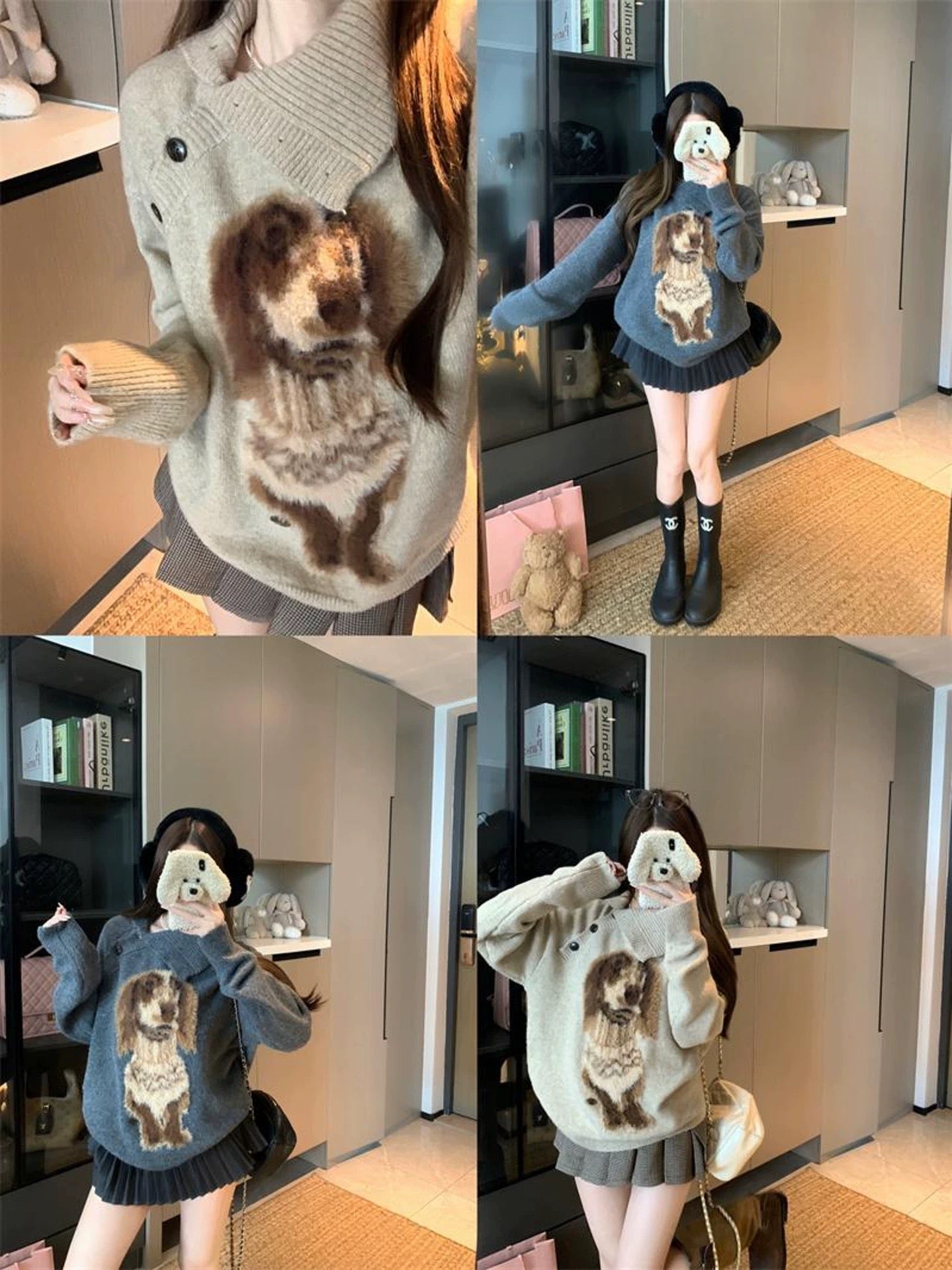 Design sense puppy print button long sleeve sweater 2025 autumn new lazy loose knitted top female chic