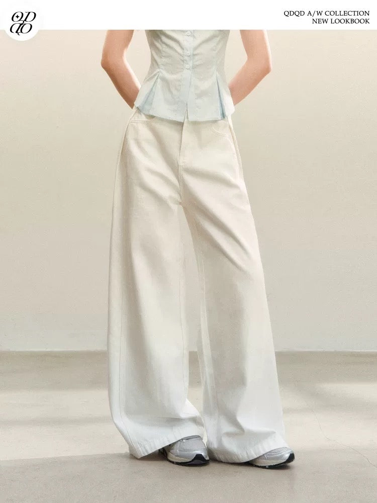 QDQD Elegant and Versatile Flowy Casual Pants, New Autumn/Winter Style, Loose Fit, High Waist, Slimming, White Wide-Leg Pants