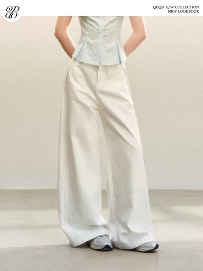 QDQD Elegant and Versatile Flowy Casual Pants, New Autumn/Winter Style, Loose Fit, High Waist, Slimming, White Wide-Leg Pants