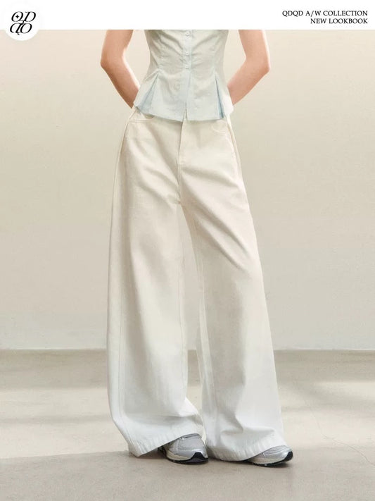 QDQD Elegant and Versatile Flowy Casual Pants, New Autumn/Winter Style, Loose Fit, High Waist, Slimming, White Wide-Leg Pants