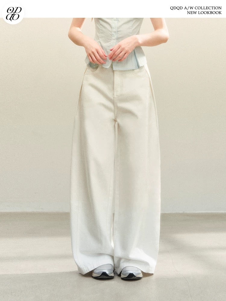 QDQD Elegant and Versatile Flowy Casual Pants, New Autumn/Winter Style, Loose Fit, High Waist, Slimming, White Wide-Leg Pants