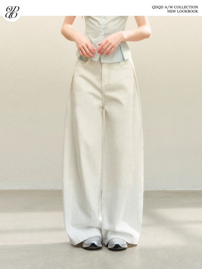 QDQD Elegant and Versatile Flowy Casual Pants, New Autumn/Winter Style, Loose Fit, High Waist, Slimming, White Wide-Leg Pants