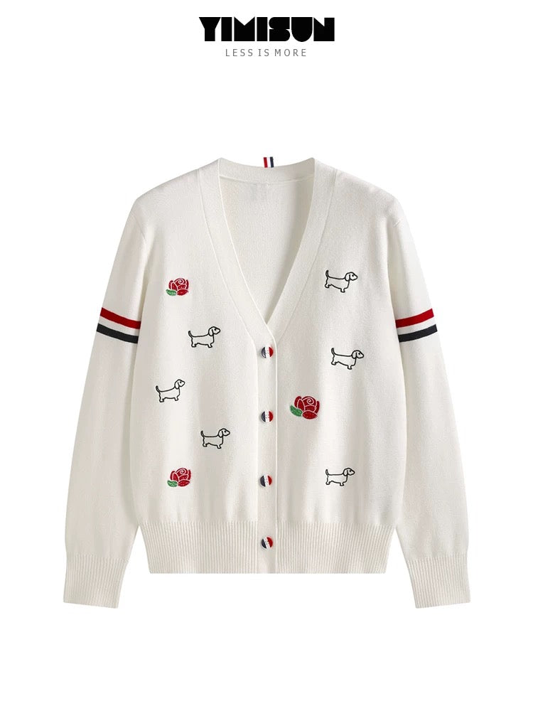 YIMISUN College Style Puppy Rose Embroidery Age Reducing V-Neck Double Sleeve Loose Knitted Cardigan Women's Jacket Top