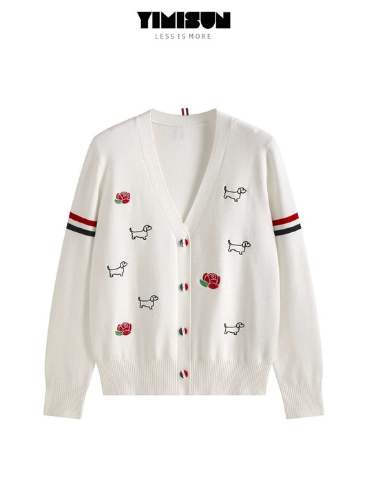 YIMISUN College Style Puppy Rose Embroidery Age Reducing V-Neck Double Sleeve Loose Knitted Cardigan Women's Jacket Top