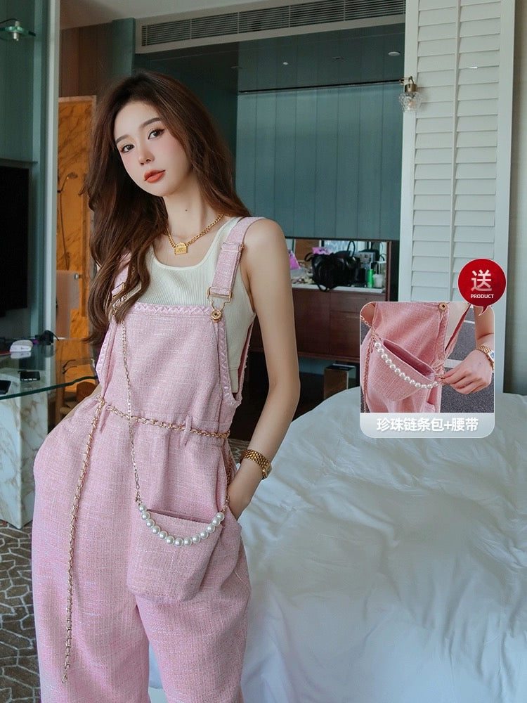 Earth Store Pink Xiaoxiang Tweed Overalls for Age-Reducing Women Summer New Loose Straight Casual Jumpsuits