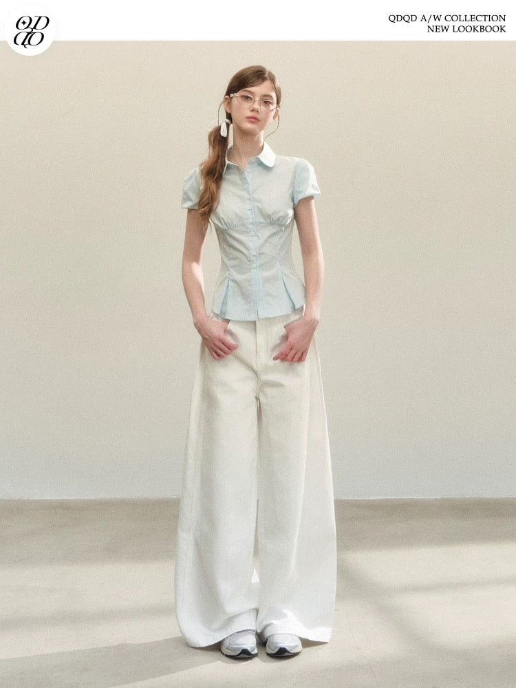 QDQD Elegant and Versatile Flowy Casual Pants, New Autumn/Winter Style, Loose Fit, High Waist, Slimming, White Wide-Leg Pants