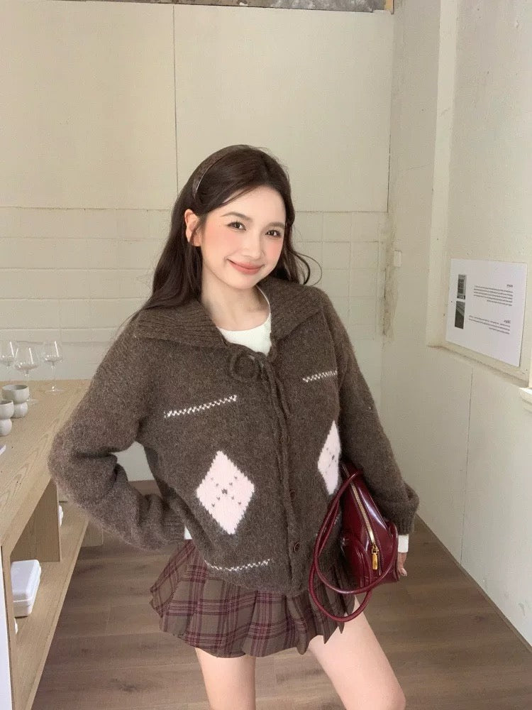 Kumikumi retro POLO collar tie sweater cardigan jacket women's autumn niche loose slim casual tops