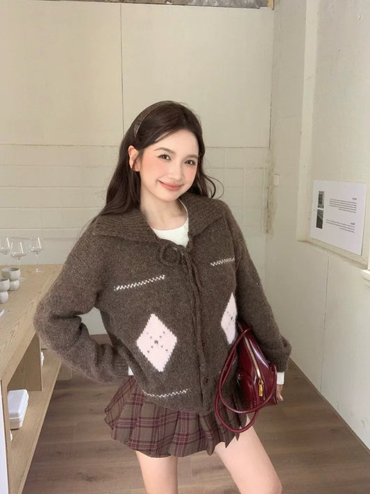 Kumikumi retro POLO collar tie sweater cardigan jacket women's autumn niche loose slim casual tops