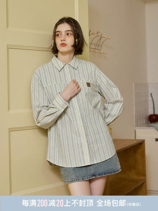 Nap Homemade Striped Plaid Long Sleeve Shirt Women's Spring and Autumn Loose Design Casual American Retro Top